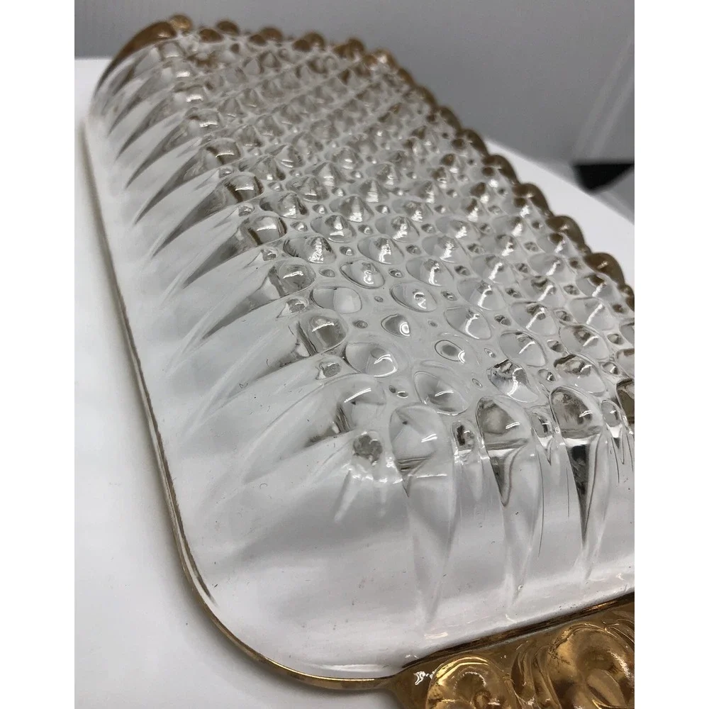 Vintage Glass Rectangular Cranberry Relish Tray‎ Butter Liner Dish Gold Trim
